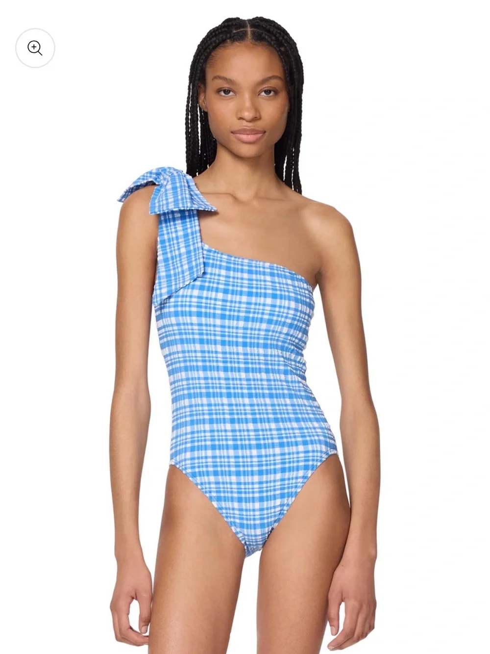 NWT • Kate Spade •One Shoulder One Piece Swimsuit  Bow Detail Ocean Plaid Blue